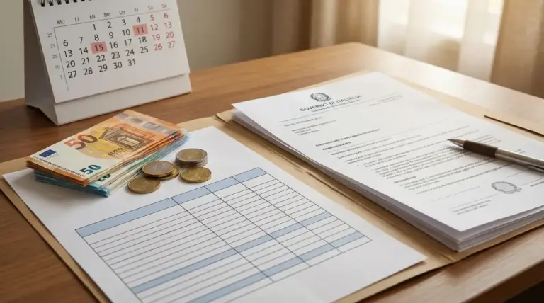 Documenti ufficiali, soldi contanti e calendario su una scrivania.