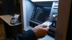 Una persona utilizza un bancomat con carta di pagamento