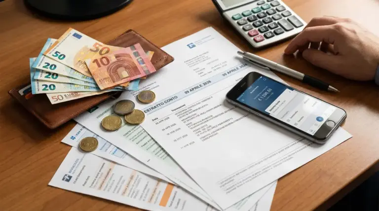 Documenti bancari, denaro contante, smartphone e calcolatrice su una scrivania