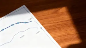 Grafico con andamento percentuale su foglio di carta appoggiato su tavolo in legno