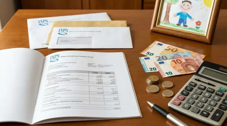 Documenti INPS, banconote in euro, calcolatrice e penna su una scrivania