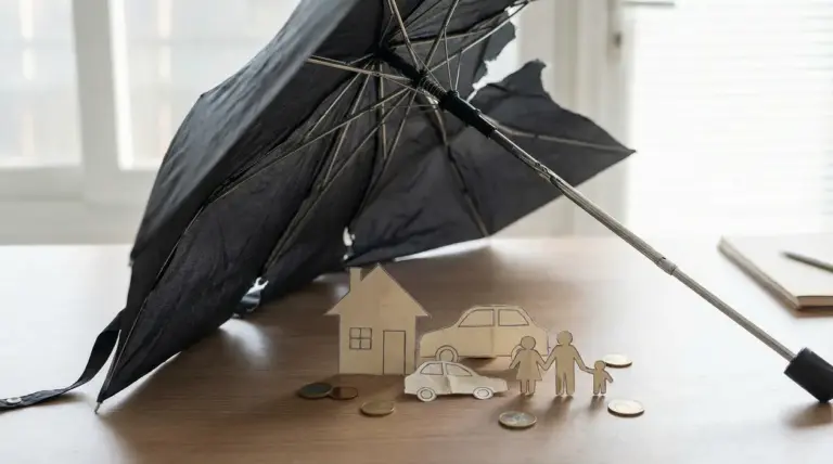 Ombrello rotto sopra sagome di famiglia, casa e auto con monete sparse