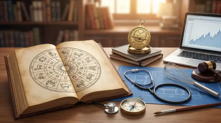 Libro astrologico aperto con simboli zodiacali e oggetti rappresentanti diverse professioni su una scrivania.