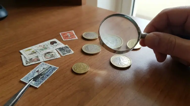 Una mano tiene una lente di ingrandimento sopra monete e francobolli su un tavolo in legno.