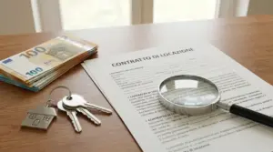 Contratto di locazione su un tavolo con lente d'ingrandimento, chiavi e denaro contante.