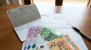 Libretto di risparmio, banconote in euro e documento bancario su un tavolo