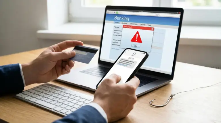 Persona con carta di credito e smartphone davanti a un computer con avviso di allerta bancaria.