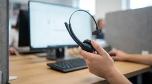 Una mano tiene un auricolare davanti a un computer in un ambiente da call center