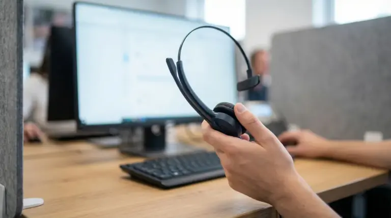 Una mano tiene un auricolare davanti a un computer in un ambiente da call center