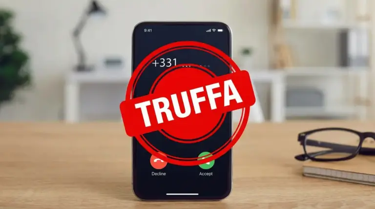 Uno smartphone mostra una chiamata in arrivo da un numero che inizia con 331, segnalata come possibile truffa