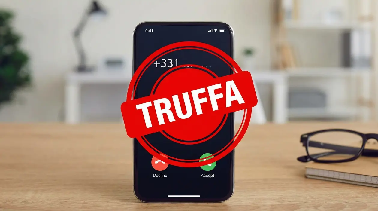 Uno smartphone mostra una chiamata in arrivo da un numero che inizia con 331, segnalata come possibile truffa