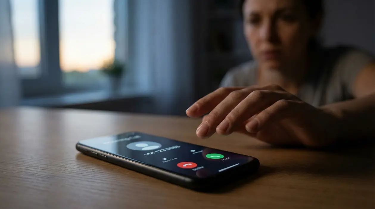 Una persona esita a rispondere a una chiamata da un numero con prefisso internazionale +44