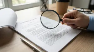 Mano che esamina un contratto di lavoro con una lente d'ingrandimento su una scrivania