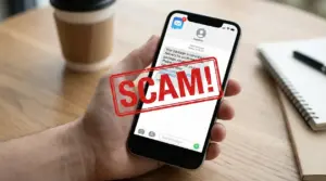 Persona tiene in mano uno smartphone con un messaggio SMS sospetto sullo schermo