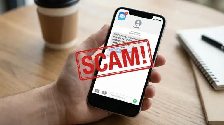 Persona tiene in mano uno smartphone con un messaggio SMS sospetto sullo schermo