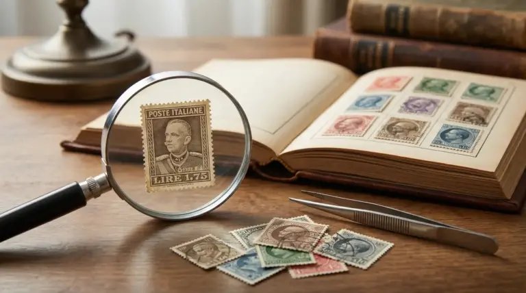 Francobollo italiano esaminato con lente d'ingrandimento accanto a una collezione su tavolo in legno