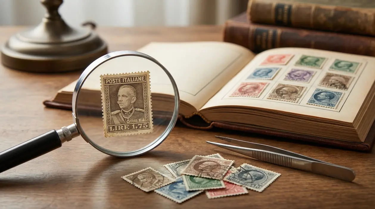 Francobollo italiano esaminato con lente d'ingrandimento accanto a una collezione su tavolo in legno