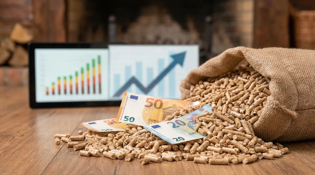 Sacco di pellet aperto con banconote e grafici di aumento dei prezzi sullo sfondo