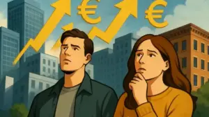 Due persone preoccupate con sfondo urbano e frecce di crescita con simboli dell'euro