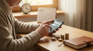 Una persona anziana calcola delle monete con una calcolatrice su un tavolo, vicino a un calendario del 2026