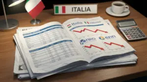 Una rivista aperta con grafici finanziari in calo su una scrivania con una bandiera italiana e una calcolatrice