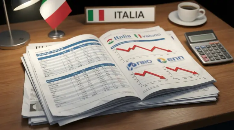 Una rivista aperta con grafici finanziari in calo su una scrivania con una bandiera italiana e una calcolatrice