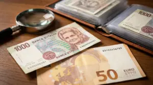 Banconote italiane e europee con numeri seriali visibili su un tavolo con lente d'ingrandimento