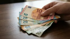 Una mano tiene un ventaglio di banconote euro di diverso taglio su un tavolo di legno