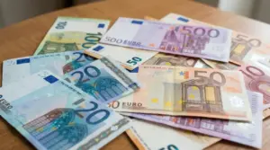 Banconote di euro di vari tagli sparse su un tavolo in legno chiaro.