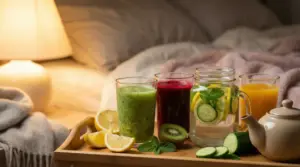 Bevande detox a base di frutta e verdura su un vassoio accanto a un letto