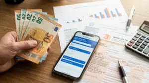 Una mano con banconote in euro accanto a moduli fiscali, calcolatrice e smartphone con sito governativo