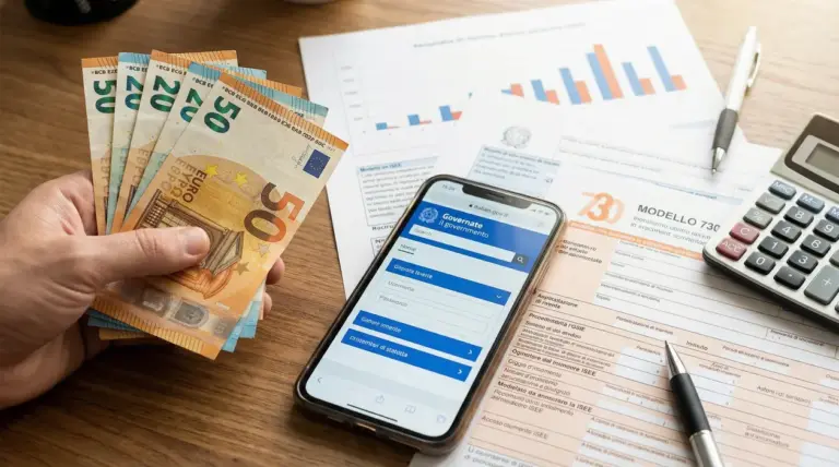 Una mano con banconote in euro accanto a moduli fiscali, calcolatrice e smartphone con sito governativo
