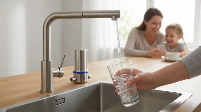 Un bicchiere viene riempito con acqua potabile da un rubinetto in cucina