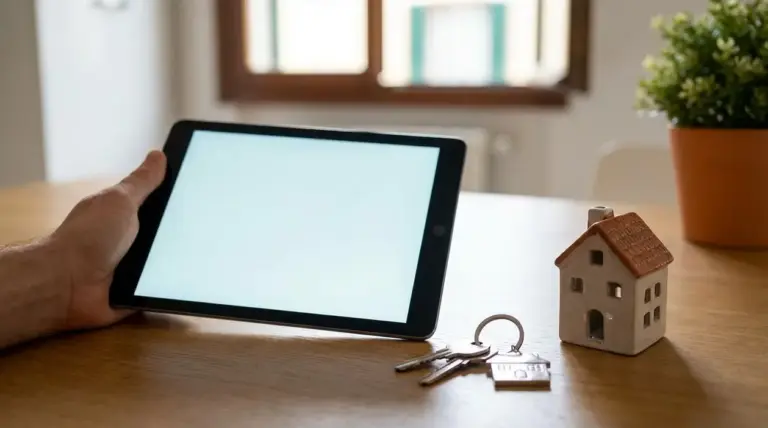 Persona con tablet accanto a modellino di casa e chiavi su un tavolo