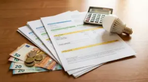 Fatture luce e gas con banconote in euro, monete, lampadina e calcolatrice su un tavolo