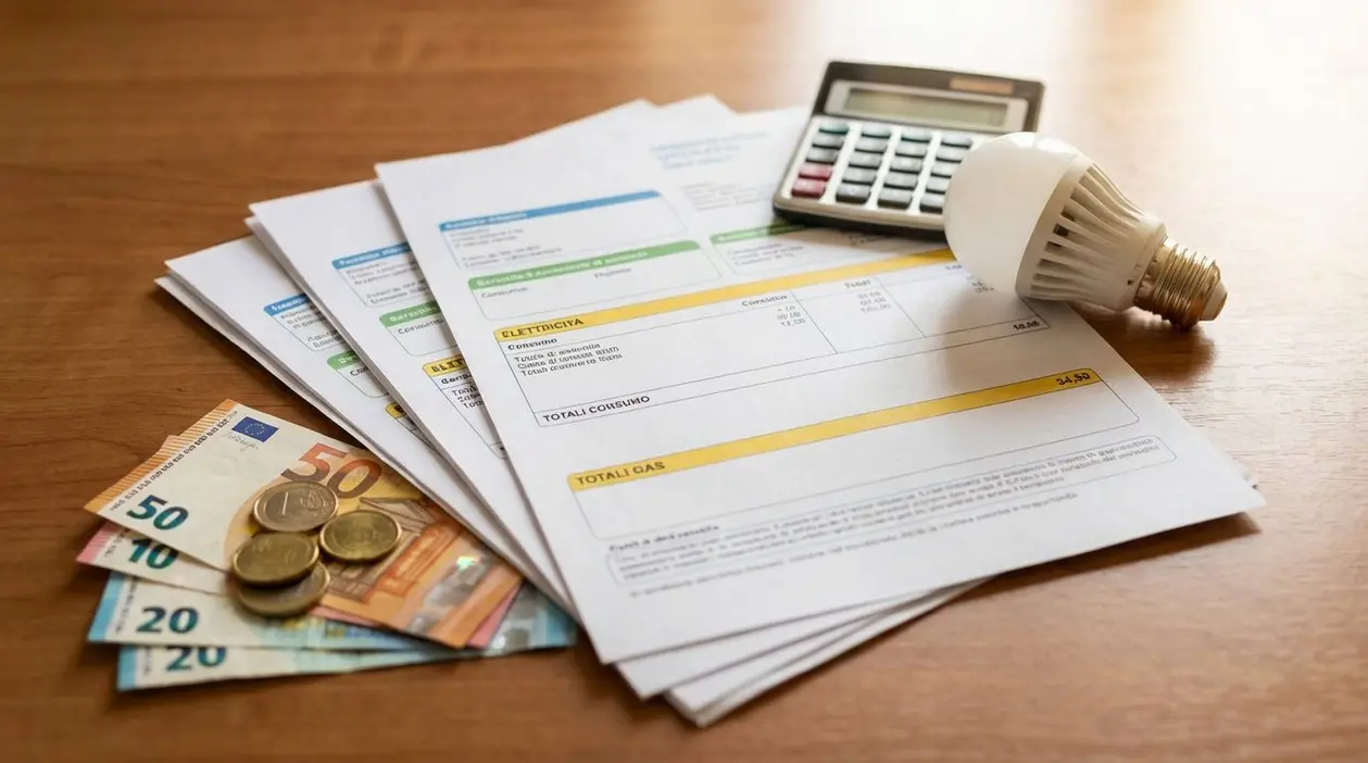 Fatture luce e gas con banconote in euro, monete, lampadina e calcolatrice su un tavolo