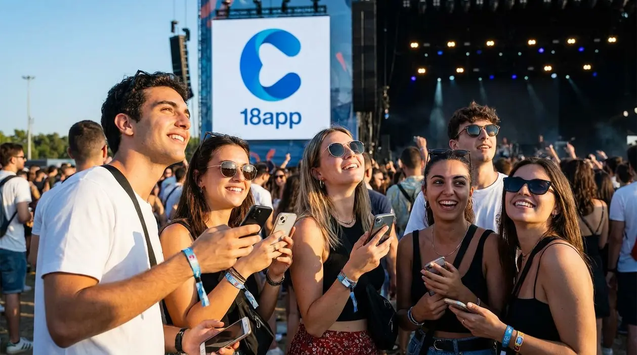 Gruppo di giovani a un evento all'aperto con il logo 18app sullo schermo sullo sfondo