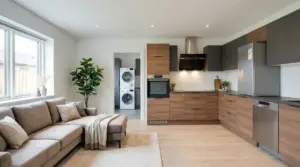 Moderna cucina open space con elettrodomestici e salotto integrato