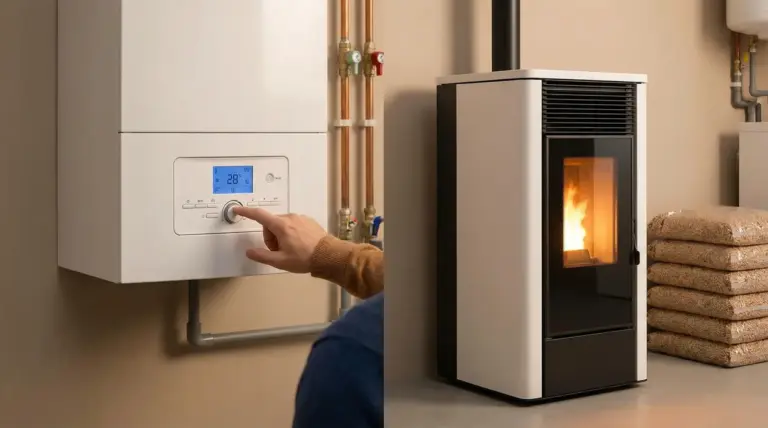 Persona regola una caldaia moderna e stufa a pellet accesa in un ambiente domestico