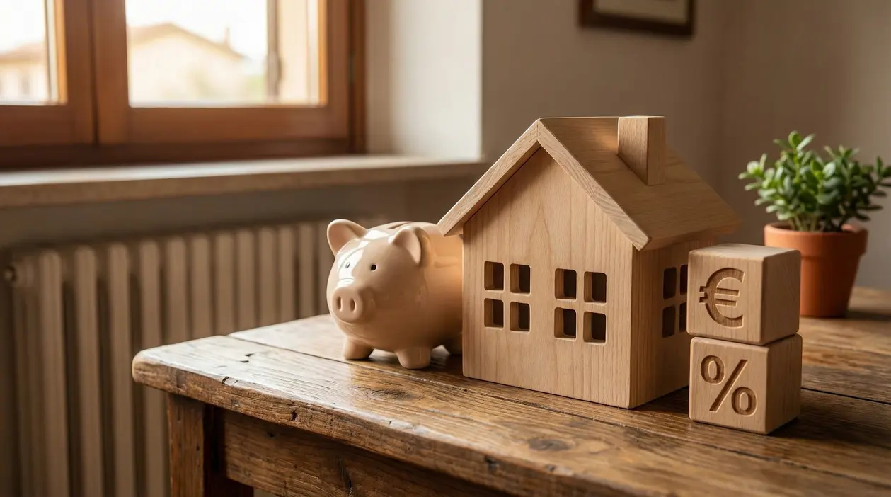Modello di casa in legno con salvadanaio e blocchi simbolici su un tavolo.