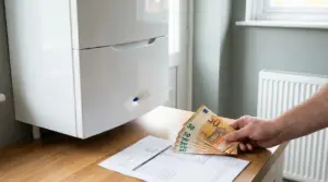 Una mano tiene banconote da 50 euro accanto a una caldaia a muro e una bolletta