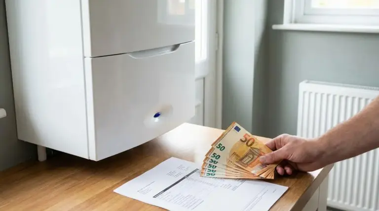 Una mano tiene banconote da 50 euro accanto a una caldaia a muro e una bolletta