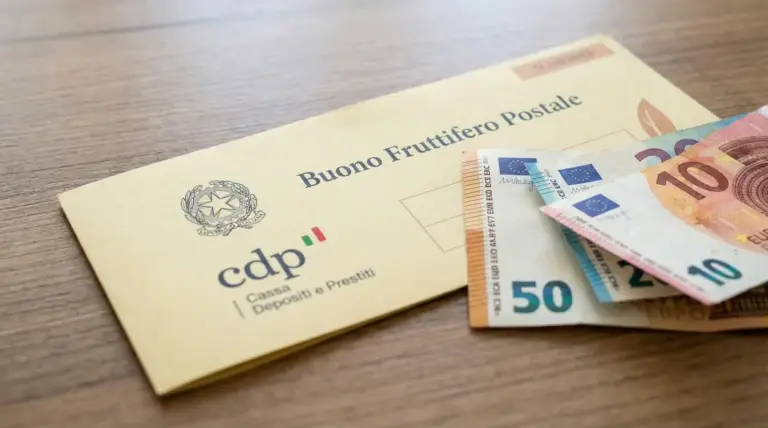 Buono fruttifero postale e banconote in euro su un tavolo