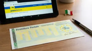 Buono fruttifero postale accanto a un tablet con sito di Poste Italiane e una penna su scrivania