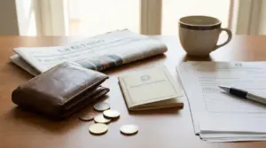 Un portafoglio, monete, libretti postali e documenti su un tavolo di legno.