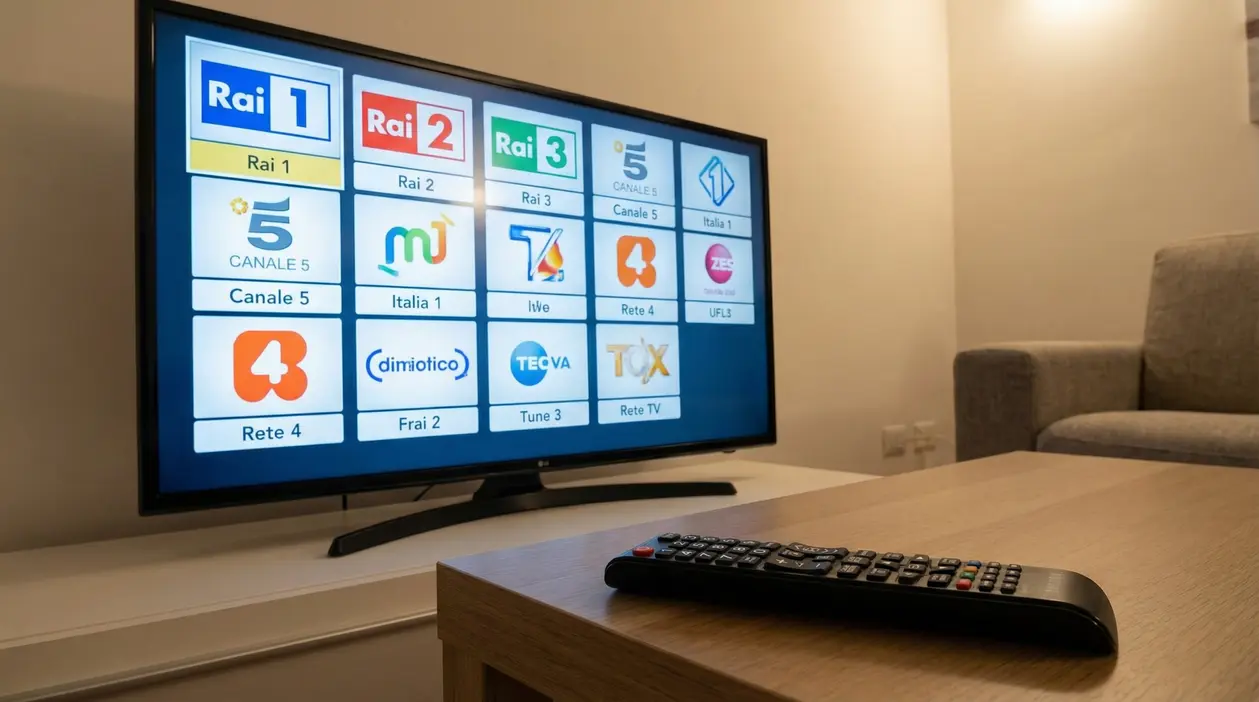 Televisore acceso con elenco di canali televisivi visibili su uno schermo in un salotto.