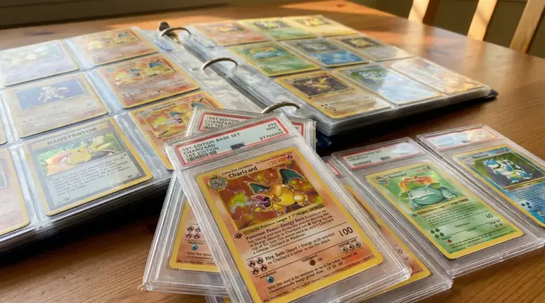 Carte Pokémon rare in un raccoglitore e protette in custodie rigide su un tavolo in legno