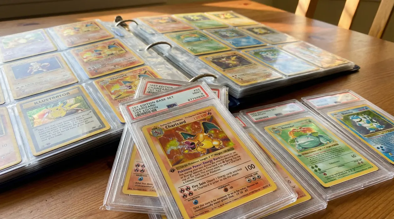 Carte Pokémon rare in un raccoglitore e protette in custodie rigide su un tavolo in legno