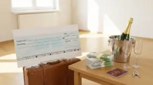 Un assegno gigante, valigetta, mazzette di euro, passaporto e champagne su un tavolo in una stanza vuota