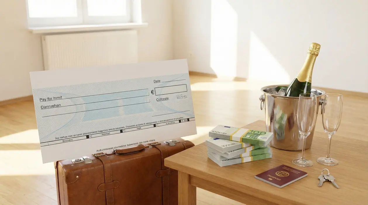 Un assegno gigante, valigetta, mazzette di euro, passaporto e champagne su un tavolo in una stanza vuota